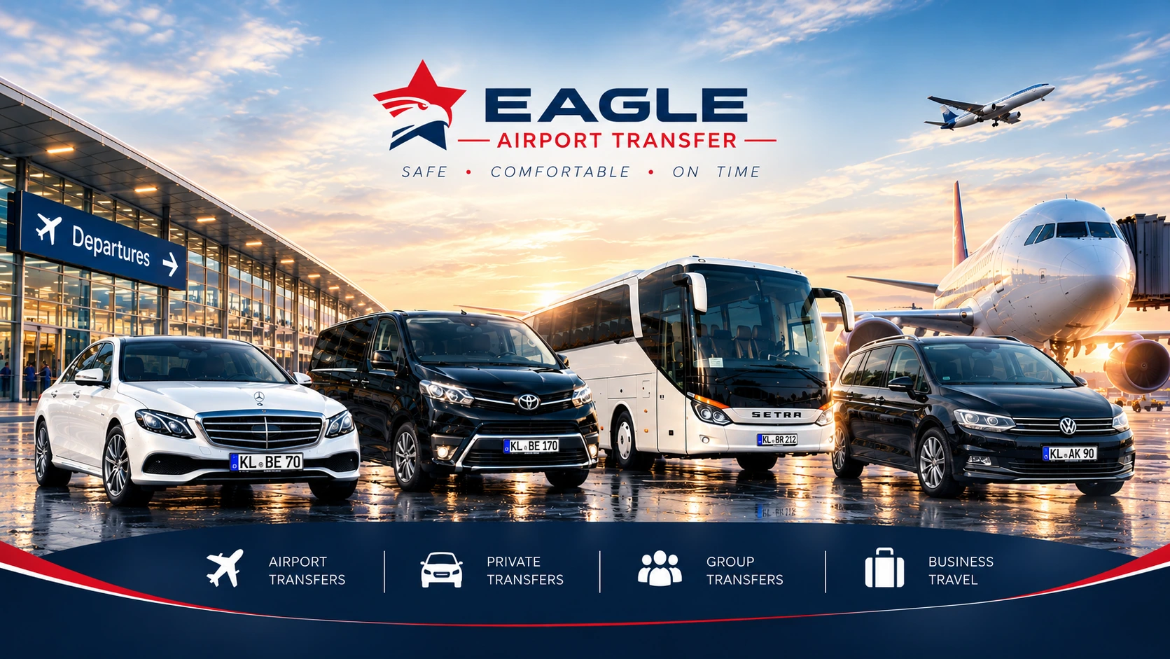 Eagle Airport Transfer fleet with car, van and bus for professional airport transportation